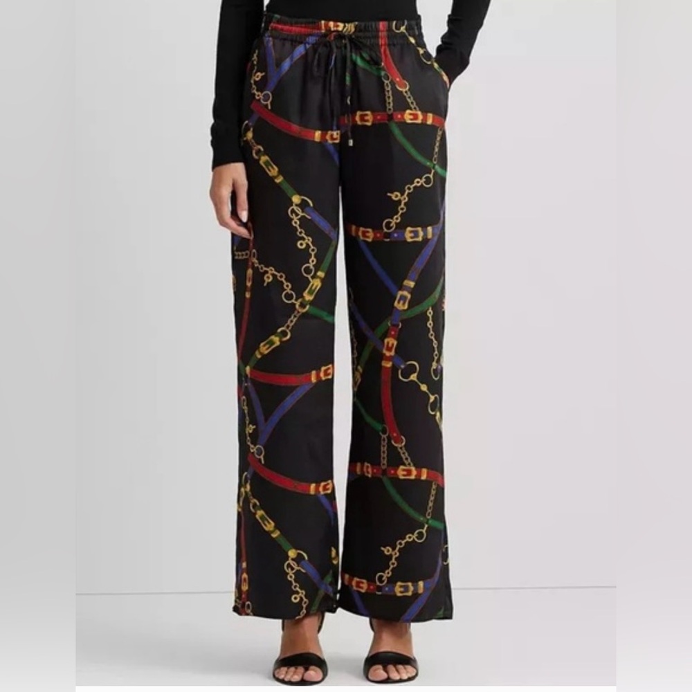 NWT Ralph Lauren Black with Chain&Belt Pattern Silky Pants Elastic Drawstring - Picture 2 of 5